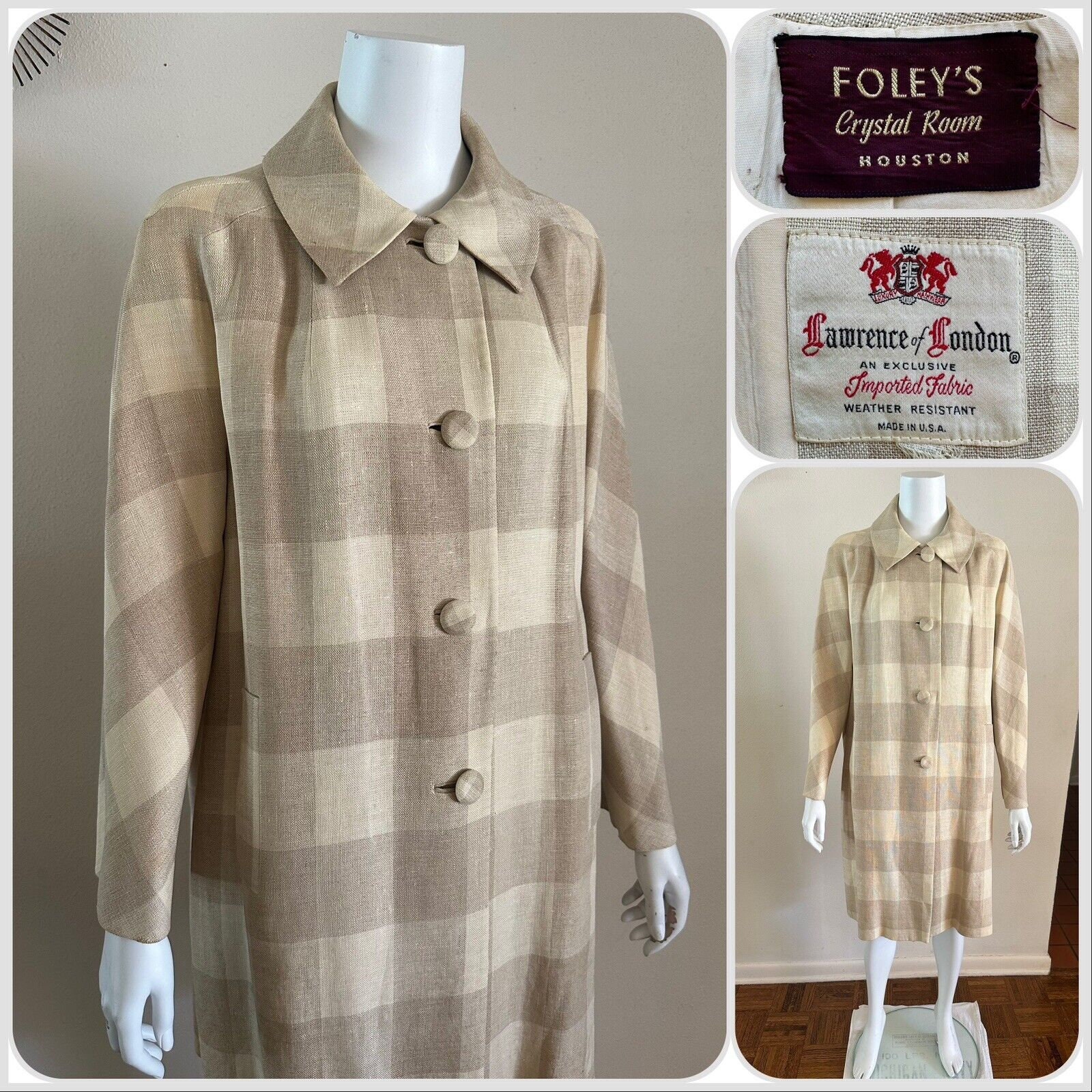 1960s Plaid Striped Linen Swing Coat Jacket Mod Foley's Crystal Room - Lawrence of London Fabric Holiday Walking Coat Ecru Gray Avant-Garde 1960s Plaid Striped Linen Swing Coat Jacket Mod Foley's Crystal Room - Lawrence of London Fabric Holiday Walking Coat Ecru Gray Avant-Garde