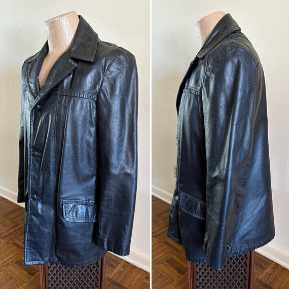 1970s Black Leather Sports Jacket Blazer 40 Long … - image 5