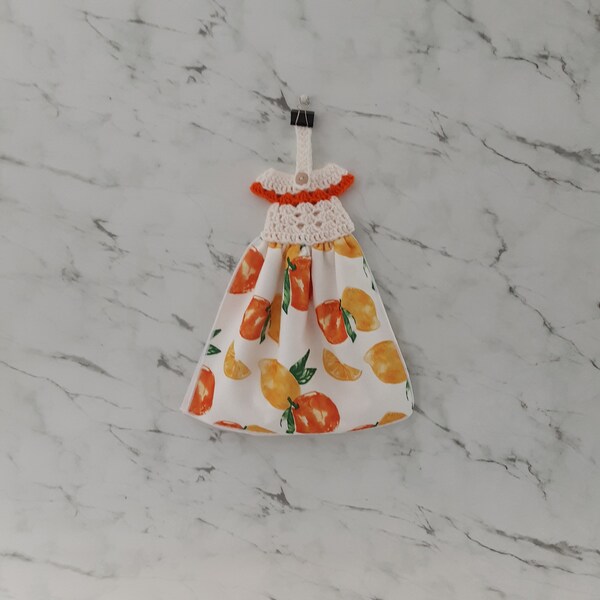 Hanging Kitchen Towel- Spring Towel - Crochet Dress Towel Topper - Lemon - Orange- Ready to Ship