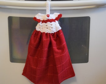 Hanging Kitchen Towel with Heart Button - Kitchen Towel - Crochet Dress Towel Topper - Red Towel