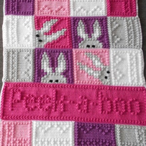May include: A crocheted baby blanket in pink, purple, white and grey. The blanket features a repeating pattern of bunnies and the word "Poochie" in pink yarn.