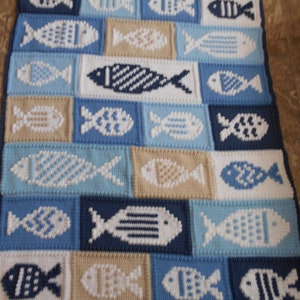 May include: A handmade, rectangular blanket featuring a repeating pattern of fish. The fish are in various shades of blue, white, and tan, set against a background of blue and tan squares. The blanket is likely made of yarn or a similar material.