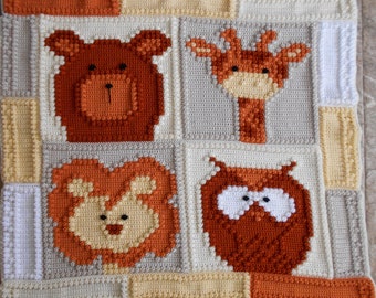May include: A crocheted baby blanket with a brown bear, giraffe, lion, and owl design. The blanket is made with beige, brown, orange, and yellow yarn.