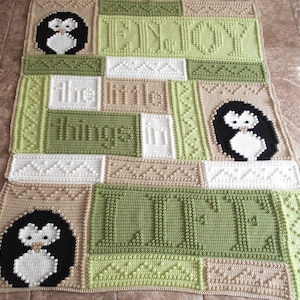 May include: A green, white, and brown crocheted baby blanket with a penguin design and the text "Enjoy the little things in life".