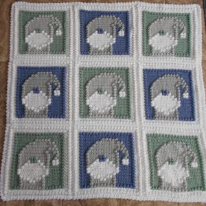 May include: A crocheted baby blanket with a repeating pattern of sleeping baby faces. The blanket is made in shades of white, gray, blue, and green.