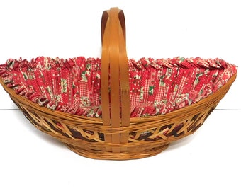 Vintage Fabric Lined Basket with Handle  Strawberry   Red