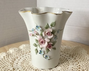 Vintage Lefton White Porcelain Trumpet Vase #1198. Hand Painted