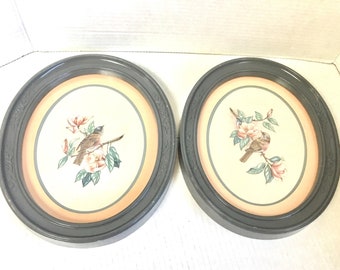 vintage Homco Co. MCM monté sous verre. Oiseau sur un membre. LOT de 2