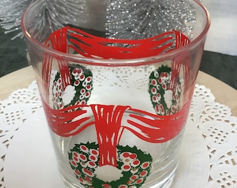 Holiday Glassware  Set of 6 Glasses  Wreaths Garland Ribbon   Red and Green  Christmas Party