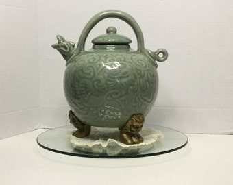 Large Celadon Green Asian Dragon Swirl Teapot