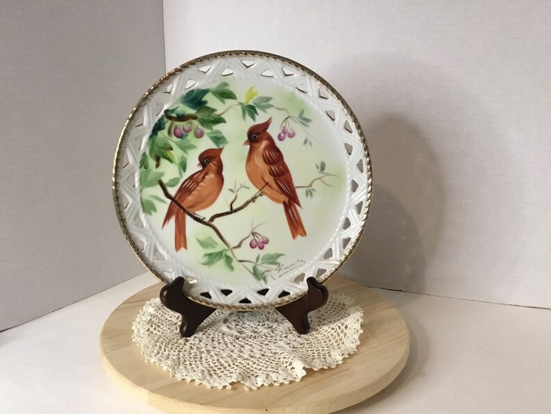 Vintage Signed HandPainted Plate. Cardinals.Norleand image 1