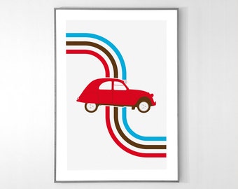Citroen 2CV 1948 Poster, BIG POSTER, 19x12 inches, Red on Recycled Premium paper, Original Illustration