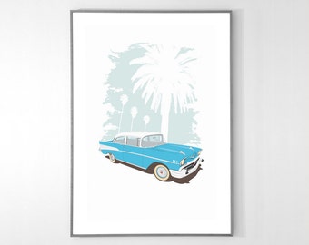 Chevy Bel Air 1957 Poster, BIG POSTER, 19x13 inches, Blue on RECYCLED Premium paper, Original Illustration