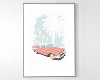 Chevy Bel Air 1957 Poster, BIG POSTER, 19x13 inches, Pink on Recycled Premium paper, Original Illustration