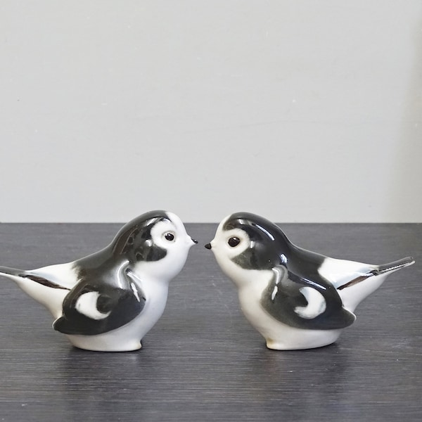 Jolie paire d'oiseaux Lomonossov noir et blanc - Porcelaine russe