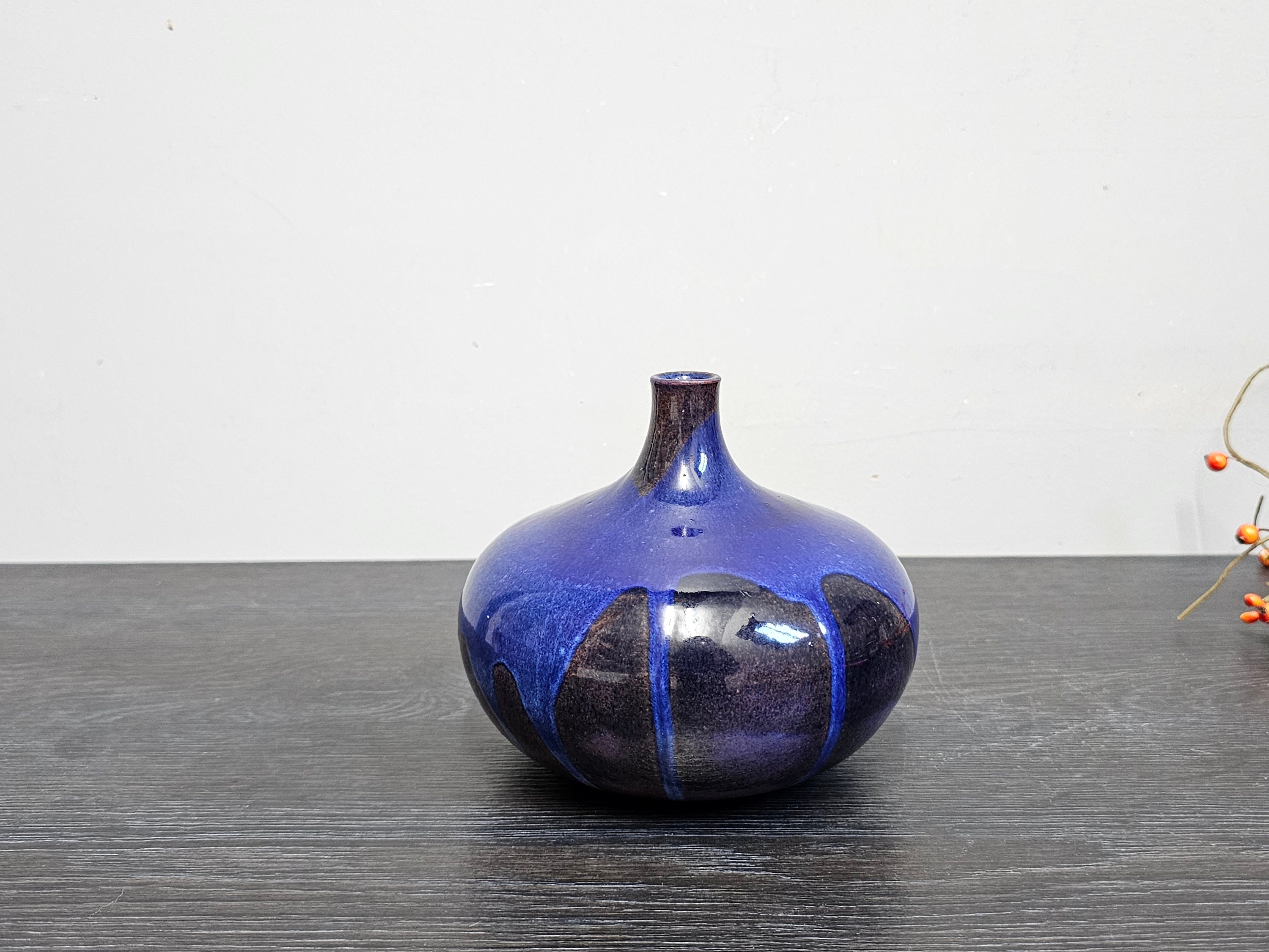 Keramos Ceramic Ufo Vase - blue running glaze 60s