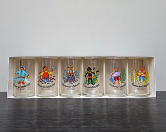 6 lemonade glasses Children of the World 1979, Veba juice glasses 70s, Space Age, vintage lemonade glasses in original packaging