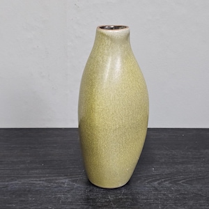 May include: A light green ceramic vase with a rounded, slightly asymmetrical shape.