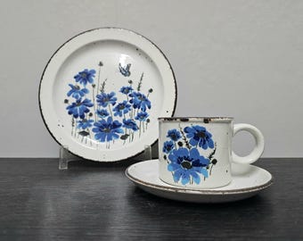 3-piece place setting Stonehenge Midwinter Spring blue 70s, cup with saucer & cake plate