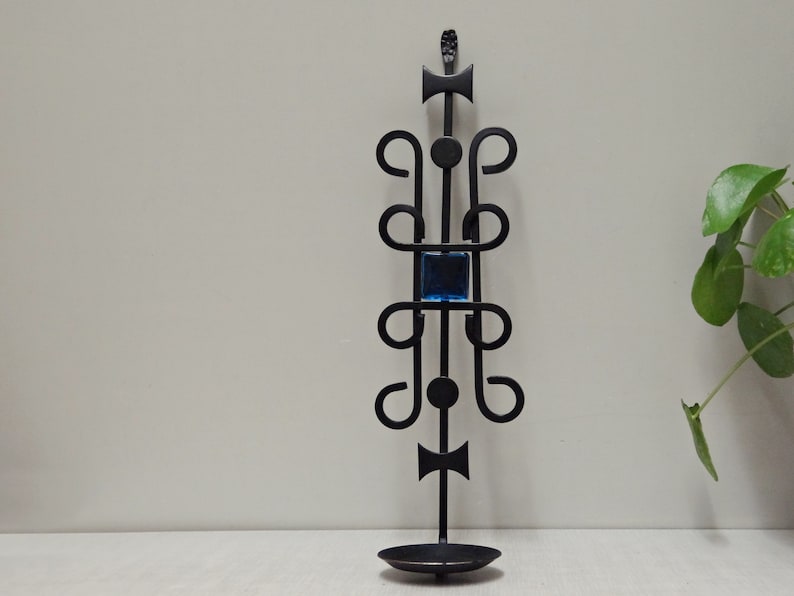 Dantoft Metal Wall Candle Holder With Blue Glass On Danish Design Wrought Iron Candlesticks 70s