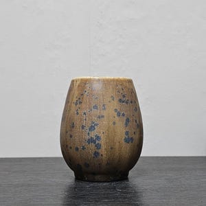 Puede incluir: Un pequeño jarrón de cerámica marrón con un esmalte moteado. El jarrón tiene una forma redondeada y bulbosa y una abertura ligeramente acampanada.