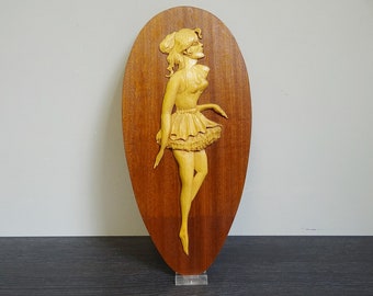 Vintage teak mural with ballerina relief from the 60s