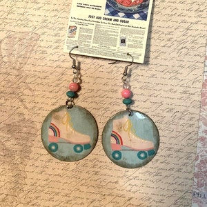 Retro Disco Roller Queen Beaded Earrings Pink Turquoise Rainbow Skates