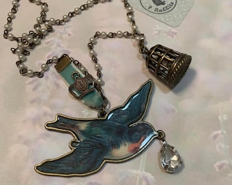 Bluebird of Happiness Necklace Bird Birdcage Charm