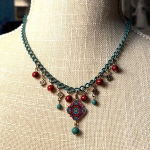 Lisbon Patio Nights Charm Necklace Earrings Set Enamel Tile Magenta Turquoise