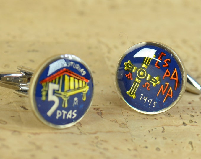 Cufflinks 5 pesetas coins from Asturias Spain Coin Collector Gifts,Dad Coin Gift,Upcycled,mens gift accessories jewelry