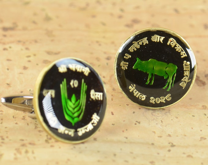 Nepal  Coin enamel cufflinks Coin Collector Gifts,Dad Coin Gift,Upcycled,mens gift accessories jewelry