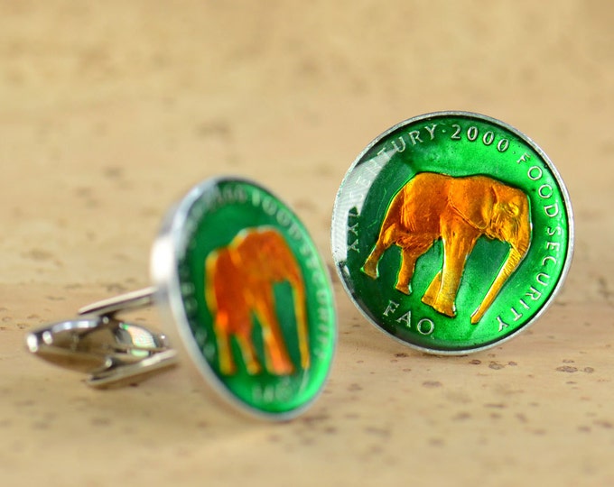 Somalia Elephant Cufflinks Coin Collector Gifts,Dad Coin Gift,Upcycled,mens gift accessories jewelry
