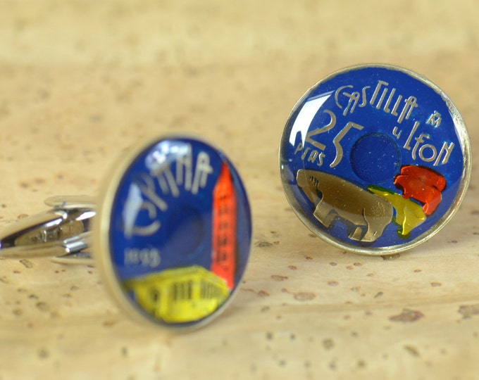 Bulls of Guisando 25 Pesetas Cufflinks coins.Castilla y León.Spain Coin Collector Gifts,Dad Coin Gift,Upcycled,mens gift accessories jewelry