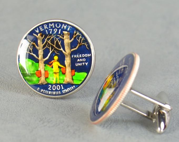 Cufflinks Vermont Quarter. Enamelled cuff links.Stainless steel leg.Coin cufflinks.USA