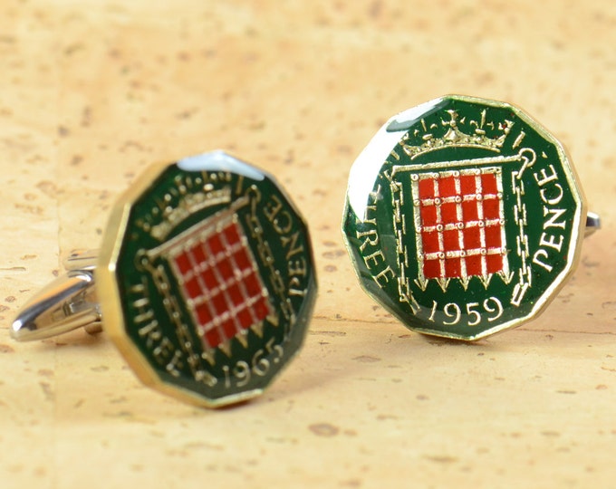 Enamel coin 3 pence Cufflinks.United Kingdom.Great Britain Coin Collector Gifts,Dad Coin Gift,Upcycled,mens gift accessories jewelry