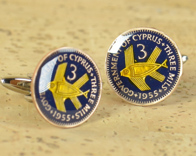 Cufflinks Cyprus enamel Fish Coin Coin Collector Gifts,Dad Coin Gift,Upcycled,mens gift accessories jewelry
