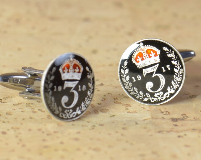 Enamel coin 3 pence Cufflinks Great Britain.United Kingdom. Accessories mens cuff links gift jewelry