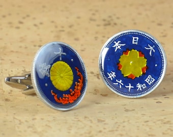 Japanese antique coin - Cufflinks  Japan Coin.Enamelled coin.Stainless Steel leg