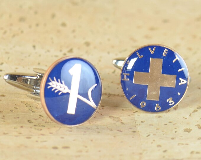 Enamel  Cufflinks - Switzerland  Coin - Coin Collector Gifts,Dad Coin Gift,Upcycled,mens gift accessories jewelry