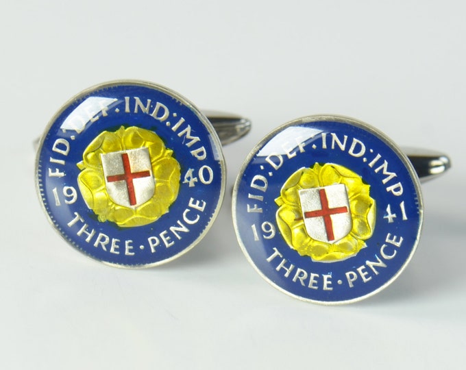 Coin 3 pence Great Britain Painted Cufflinks.United Kingdom Cuff links accessories mens gift