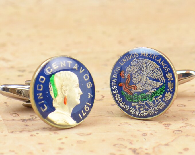 Men Cufflinks Mexican Coin Mexico Coin Collector Gifts,Dad Coin Gift,Upcycled,mens gift accessories jewelry