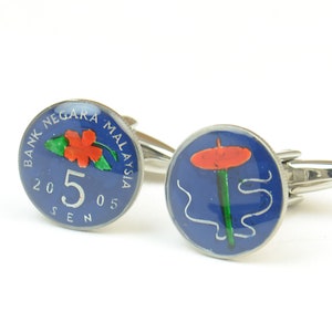 Enamel Cufflinks-Malaysia Coin Coin Collector Gifts,Dad Coin Gift,Upcycled,mens gift accessories jewelry