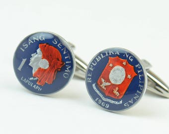 Coin Collector Gifts: Blue Enamelled Fish Cufflinks - Philippines Coin Jewelry, Eco Friendly, Mens Formal Accessory