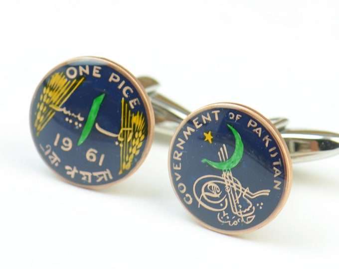 Enamel  Cufflinks-Pakistan Coin Coin Collector Gifts,Dad Coin Gift,Upcycled,mens gift accessories jewelry