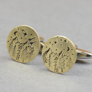 Mountain brass cufflinks.Men accessories,Cuff links-Everest-Stainless steel leg.Stamped mountain trees moon shot star.Cooper, brass , silver
