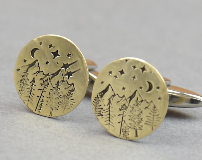 Mountain brass cufflinks.Men accessories,Cuff links-Everest-Stainless steel leg.Stamped mountain trees moon shot star.Cooper, brass , silver
