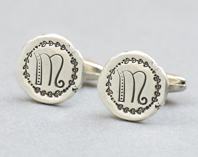 Customized initial letter sterling silver cufflinks. Personalized cufflinks,Men accessories,gifts for men,him.Moon cufflinks,stars universe