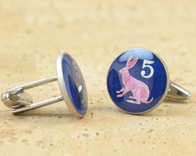 Enamel rabbit Cufflinks - Zimbabwe Coin - Mens accessories jewelry gift