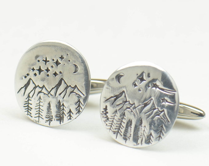 Mountain cufflinks.Men accessories,Cuff links-Everest-Stainless steel leg.Stamped mountain trees moon shot star