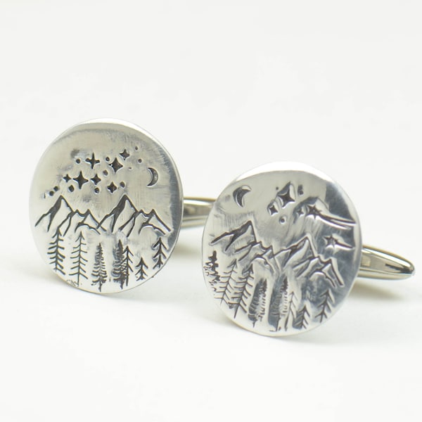 Mountain cufflinks.Men accessories,Cuff links-Everest-Stainless steel leg.Stamped mountain trees moon shot star